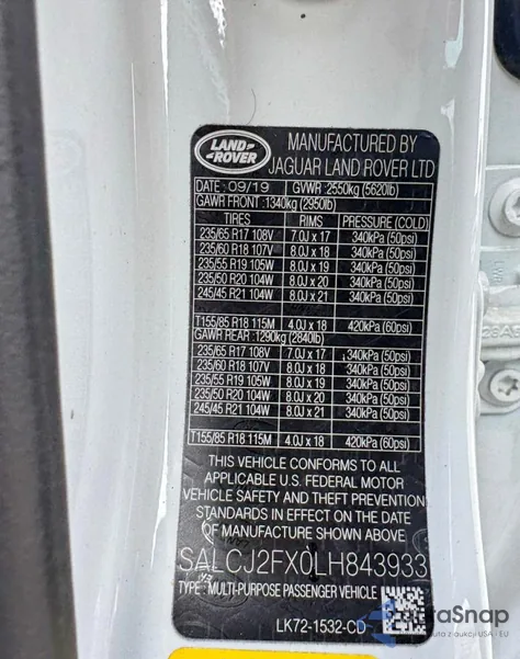 2020 Land Rover Discovery Sport S z USA, uszkodzony, nr VIN SALCJ2FX0LH843933